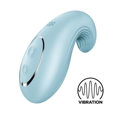 Dispositivo azul claro curvo com botão circular e texto VIBRATION