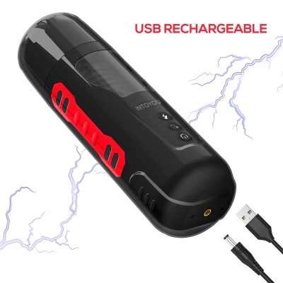Dispositivo preto com detalhes vermelhos e texto USB RECHARGEABLE