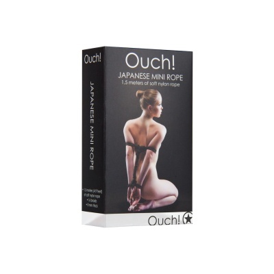 Embalagem preta com imagem de mulher amarrada e texto Ouch! JAPANESE MINI ROPE.