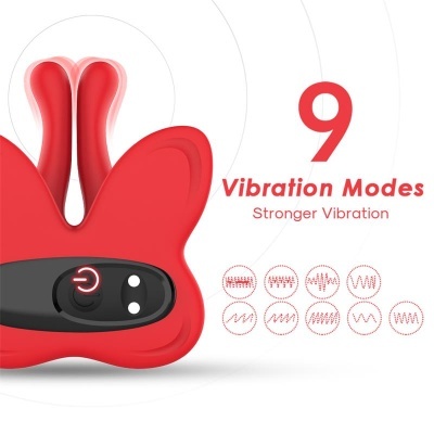 Produto vermelho em forma de borboleta com botão iluminado e texto sobre modos de vibração