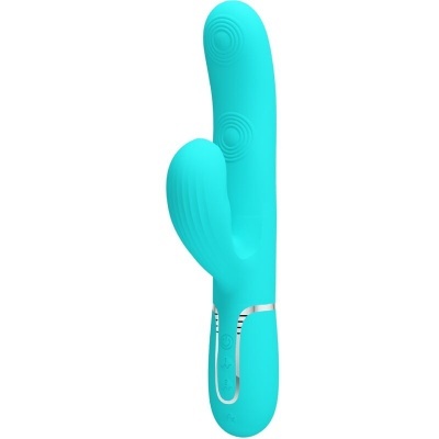Vibrador azul turquesa em silicone com duas extremidades e botões de controle