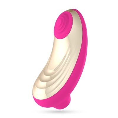 Dispositivo ergonómico creme com detalhes cor de rosa e texturas em círculos concêntricos