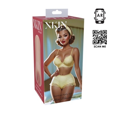 Embalagem do produto XKIN pinup girls com imagem de mulher em lingerie amarela e código QR para scan.