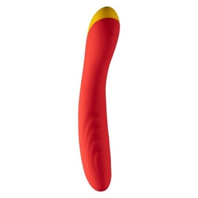 Vibrador vermelho com ponta amarela e formato curvo