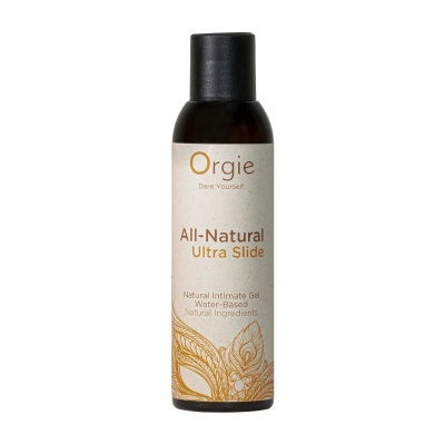 Frasco de gel íntimo natural Orgie com tampa preta e rótulo creme com padrão dourado