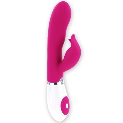 Vibrador de silicone rosa com base branca e controlo rosa