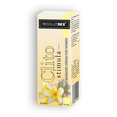 Caixa amarela de creme para massagem íntima feminina com flores e texto em inglês e português.