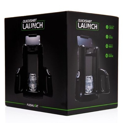 Caixa preta do produto Quickshot Launch com imagem do dispositivo e texto em branco e verde
