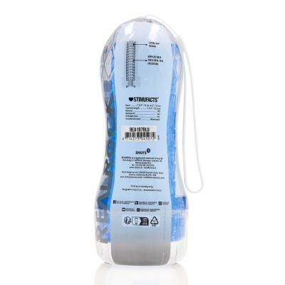 Embalagem transparente com produto azul e texto informativo