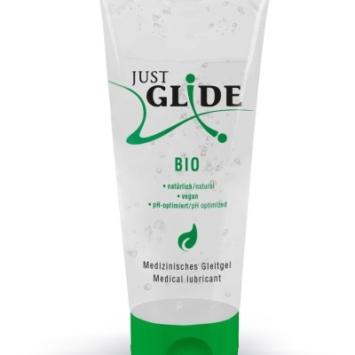 Frasco de lubrificante médico transparente com tampa verde e texto em preto e verde