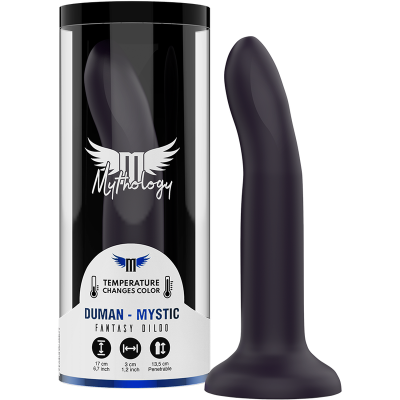 Dildo roxo escuro com embalagem preta e branca com texto em inglês