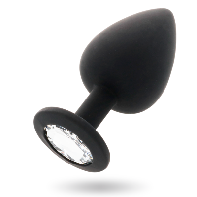 Plug anal preto em silicone com base circular e pedra transparente