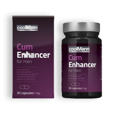 Embalagem e frasco roxo escuro de suplemento alimentar para homens com texto Cum Enhancer for men