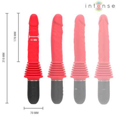 Vibrador vermelho com base preta e medidas visíveis.