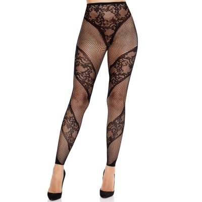 Collants pretos em rede com renda floral e padrão em espiral