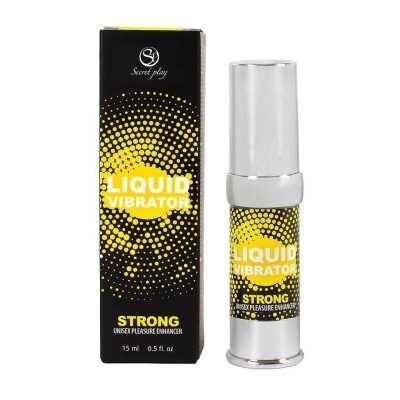 Frasco prateado com rótulo preto e amarelo de produto chamado Liquid Vibrator Strong ao lado da respetiva caixa preta e amarela.