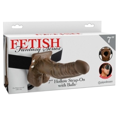 Embalagem do produto 7 Hollow Strap-On with Balls da Fetish Fantasy Series com faixa preta e máscara para os olhos