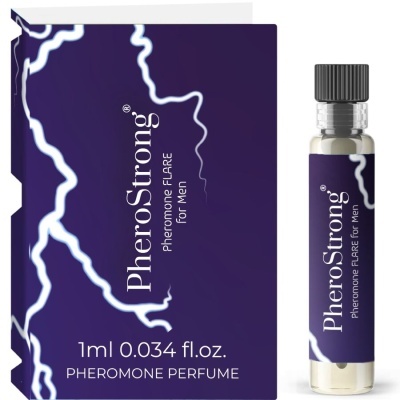 Frasco pequeno de perfume PheroStrong com embalagem roxa e detalhes brancos.