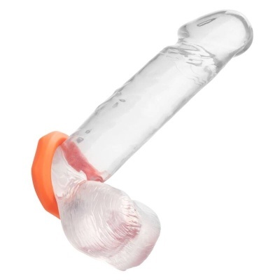 Dildó transparente com base alaranjada em fundo branco