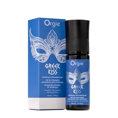 Gel estimulante Orgie Greek Kiss em frasco azul com máscara branca