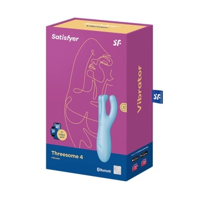 Caixa de vibrador azul com embalagem roxa e azul e texto informativo.