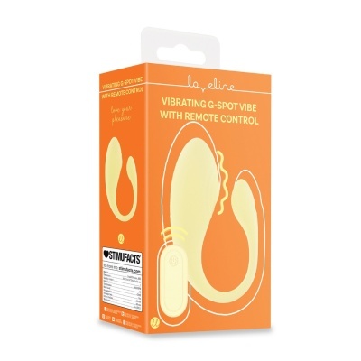 Embalagem laranja com vibrador amarelo e controle remoto