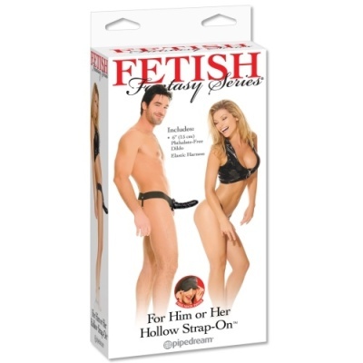 Embalagem do produto Fetish Fantasy Series com casal e descrição do Hollow Strap-On