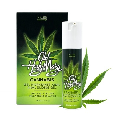 Gel hidratante anal Oh! Holy Mary com cannabis, embalagem e frasco verdes e pretos com folhas de cannabis e texto bilíngue.