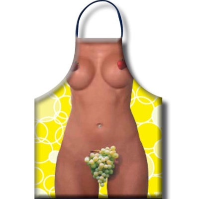 Avental com estampa de corpo nu feminino e fundo amarelo com círculos brancos