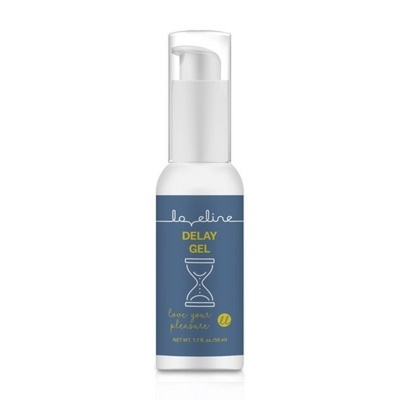 Garrafa de gel com doseador e rótulo azul com texto e ampulheta
