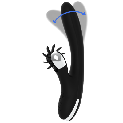Vibrador preto com ventosas rotativas e botões de controle em fundo branco