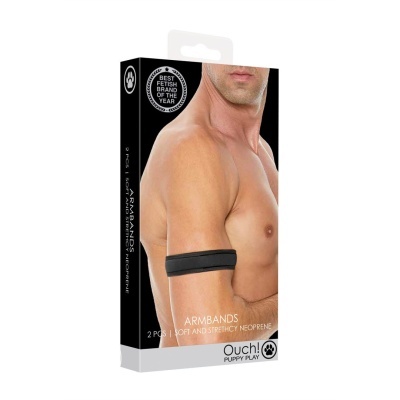 Embalagem de braçadeiras em neoprene com texto e selo