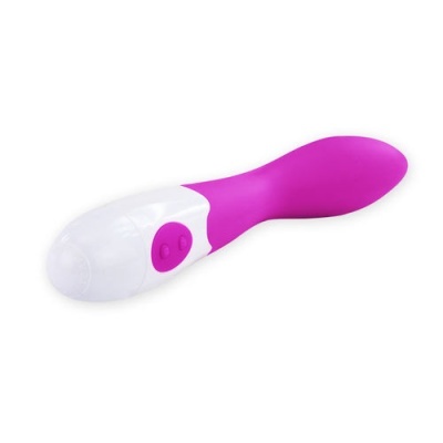 Vibrador corporal rosa com base branca e botão rosa