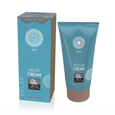 Creme Delay Cream para homem em embalagem azul e marrom com texto