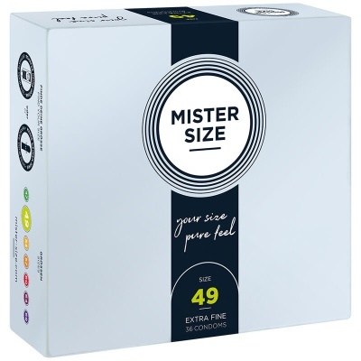 Caixa azul claro de preservativos Mister Size tamanho 49 com detalhes em azul escuro e texto branco e amarelo