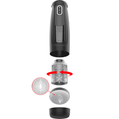 Produto dividido em partes com corpo translúcido e detalhe circular cinza com forma de vulva