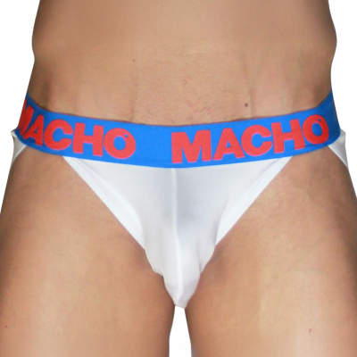 Cueca branca com faixa azul e texto vermelho MACHO