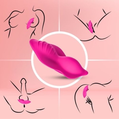 Acessório sexual rosa em forma de lábios com diagramas de aplicação no corpo