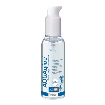 Garrafa de lubrificante transparente com tampa doseadora branca e rótulo azul