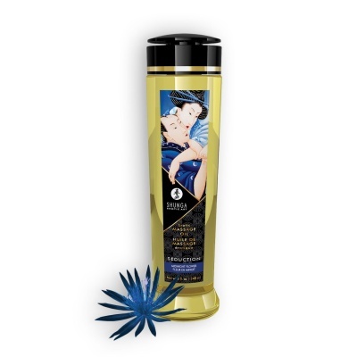 Frasco de óleo de massagem erótica amarelo com tampa preta e dourada e ilustração japonesa