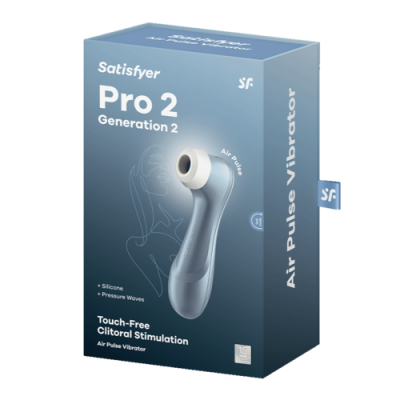 Caixa azul de vibrador Satisfyer Pro 2 Generation 2 cinzento claro com texto branco