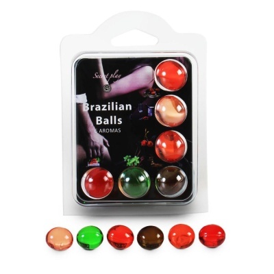 Embalagem de bolas brasileiras aromáticas coloridas em plástico transparente com fundo preto e texto.