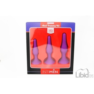 Kit de treino anal com plugs de silicone roxo em caixa colorida