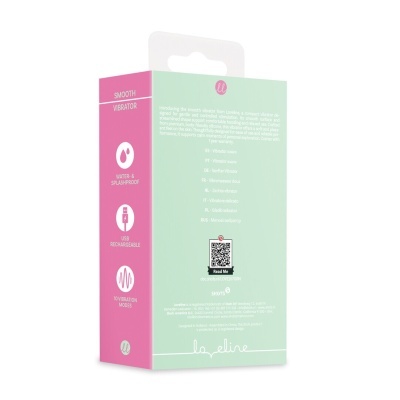 Embalagem rosa e verde menta de vibrador suave com texto e ícones