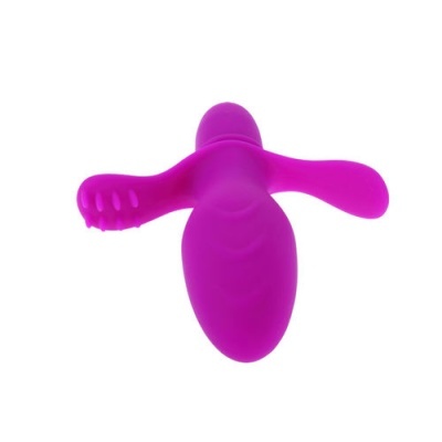 Dispositivo roxo de silicone com duas extremidades distintas em fundo branco