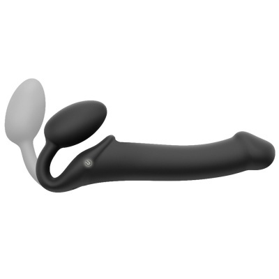 Produto preto em silicone com duas extremidades ovais e botão ligar