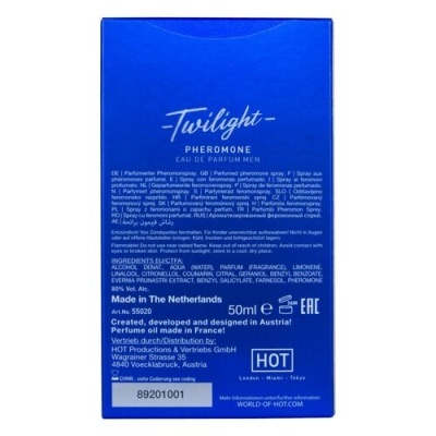 Embalagem azul de perfume masculino Twilight Pheromone 50ml com texto detalhado