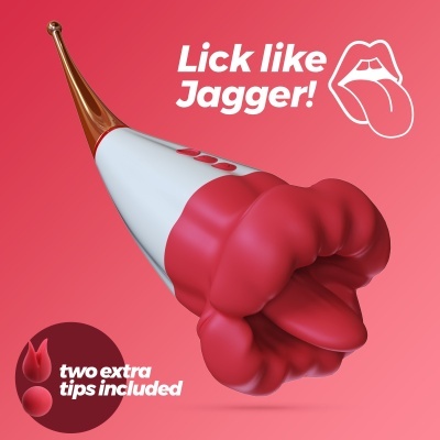 Objeto branco com ponta metálica bronze e revestimento vermelho, texto Lick like Jagger!