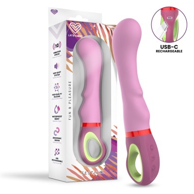 Vibrador rosa e lilás em silicone com design ergonómico e embalagem