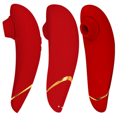Dispositivo eletrônico vermelho com detalhes dourados e ponteira de silicone em três ângulos sobre fundo branco